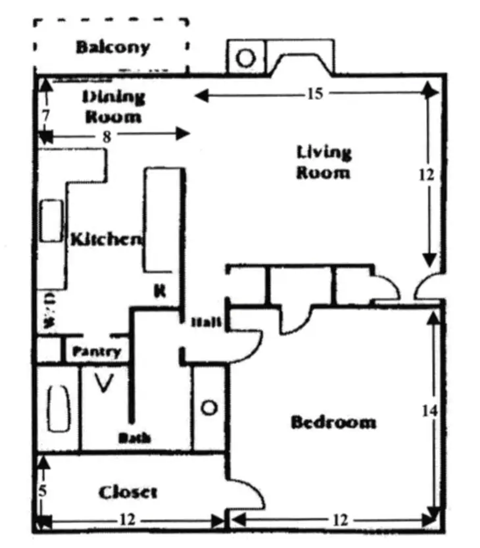 A drawing of a house layout with labeled rooms such as kitchen, living room, and bathroom.